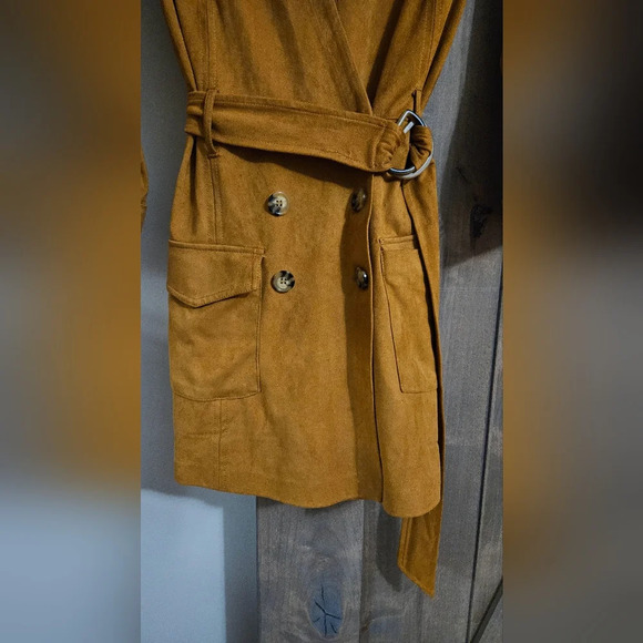 ZARA Faux suede belted utility mini dress romper. Mustard tan color. Size Medium - Picture 6 of 16